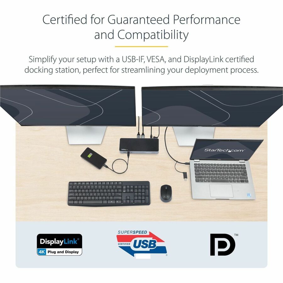 StarTech.com USB-C & USB-A Dock - Hybrid Universal Laptop Docking Station w/ 100W Power Delivery - Dual Monitor 4K 60Hz HDMI & DisplayPort
