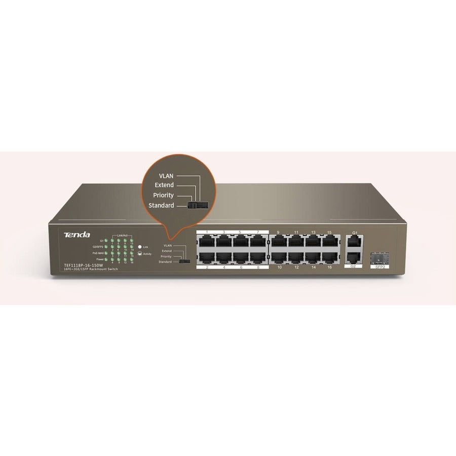 Tenda 16FE+2GE/1SFP Desktop Switch With 16-Port PoE