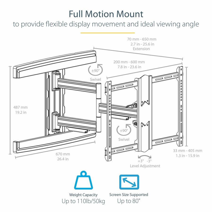StarTech.com TV Wall Mount for up to 80" VESA Mount Displays - Low Profile Full Motion TV Mount - Heavy Duty Adjustable Articulating Arm