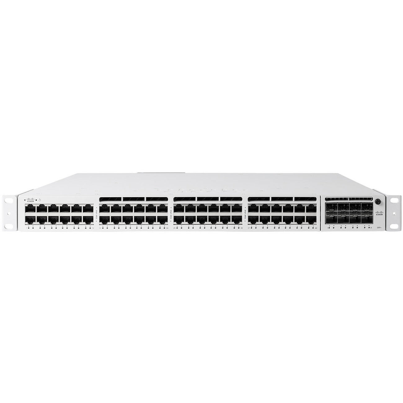 Meraki 48-port Gbe PoE+ Switch, 10/100/1000Base-T, 16.73 lb, 48-port Gbe PoE+ Switch 1 x Power Supply (MA-PWR-715WAC) Rack Mount Brackets and Screw Kit 3 x Pre-Installed Fans Cable Guide