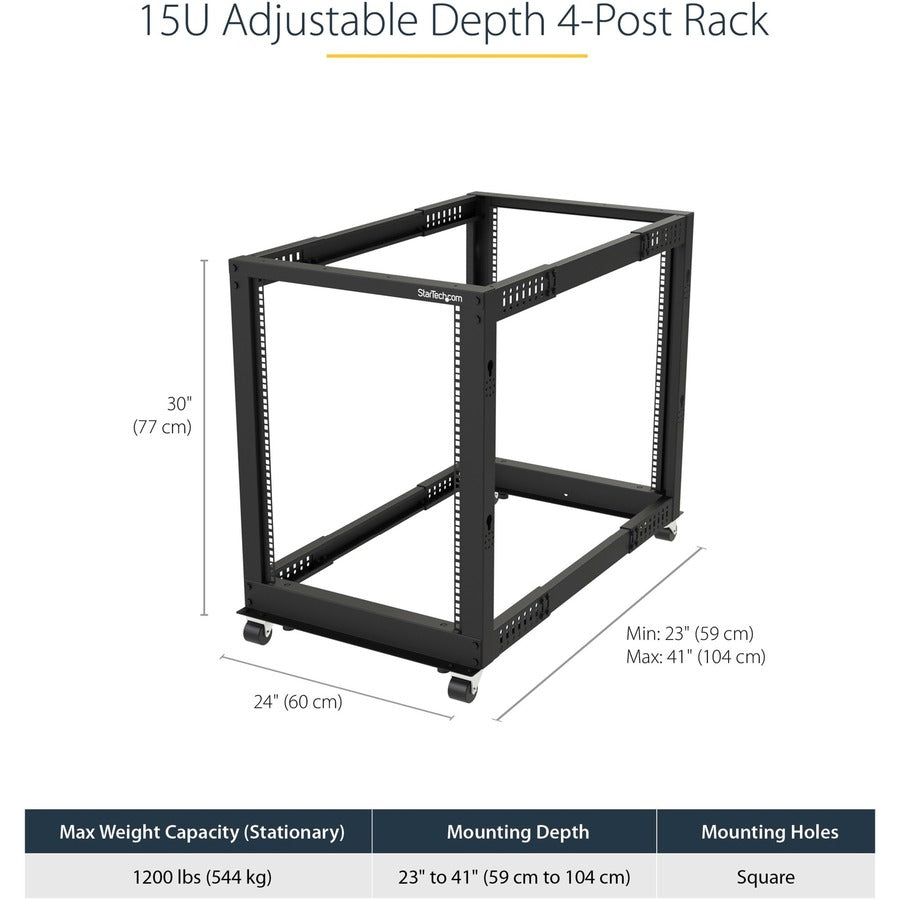 StarTech.com 4-Post 15U Mobile Open Frame Server Rack, 19" Network Rack with Casters, Rolling Rack for Computer/AV/Data/IT Equipment