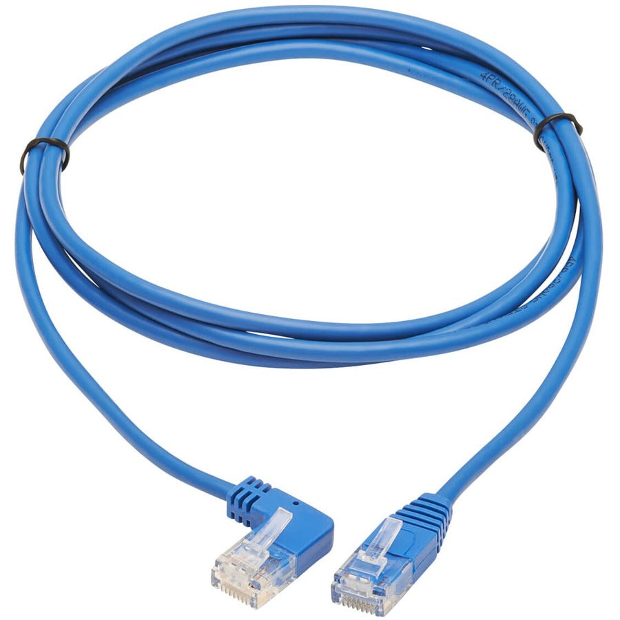 Eaton Tripp Lite Series Left-Angle Cat6 Gigabit Molded Slim UTP Ethernet Cable (RJ45 Left-Angle M to RJ45 M), Blue, 7 ft. (2.13 m)