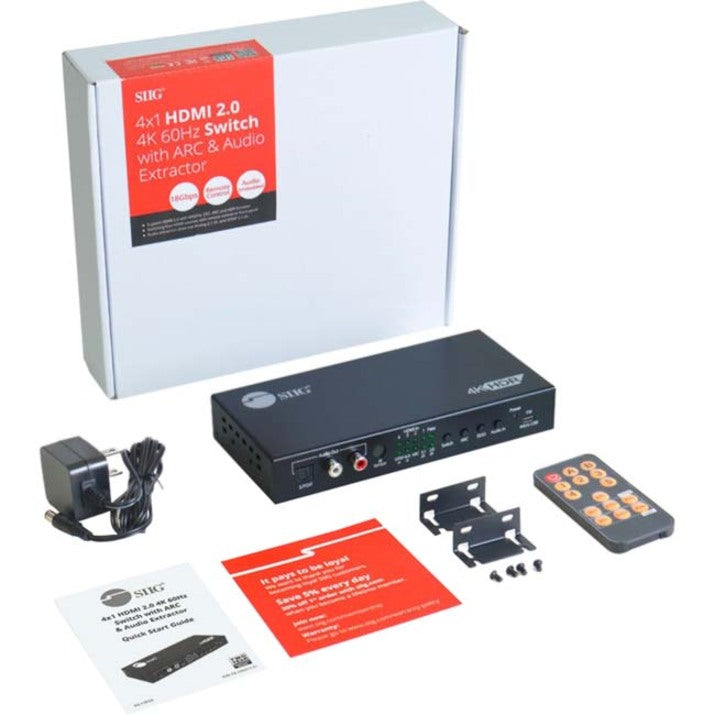 SIIG 4x1 HDMI 4K60Hz Switch with ARC & Audio Extractor