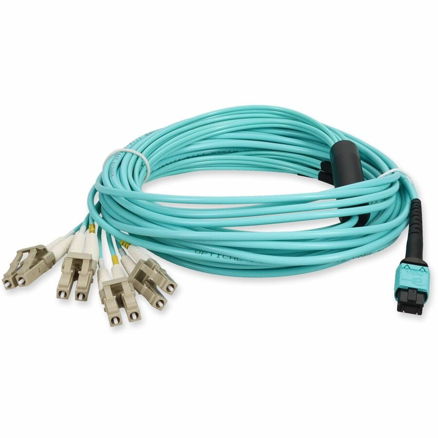 AddOn 7m MPO/UPC (Male) to 4xLC Duplex (8xLC)/UPC Aqua OM4 OFNR (Riser-Rated) 8-Strand Fiber Fanout Cable