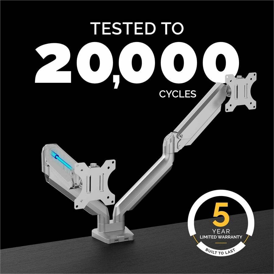 Fellowes Platinum Series High Quality Dual Monitor Arm for 40-Inch Monitors, Full Motion, 360&deg; Rotation, VESA Mount with Grommet or Clamp, USB Ports, Ergonomic, Silver