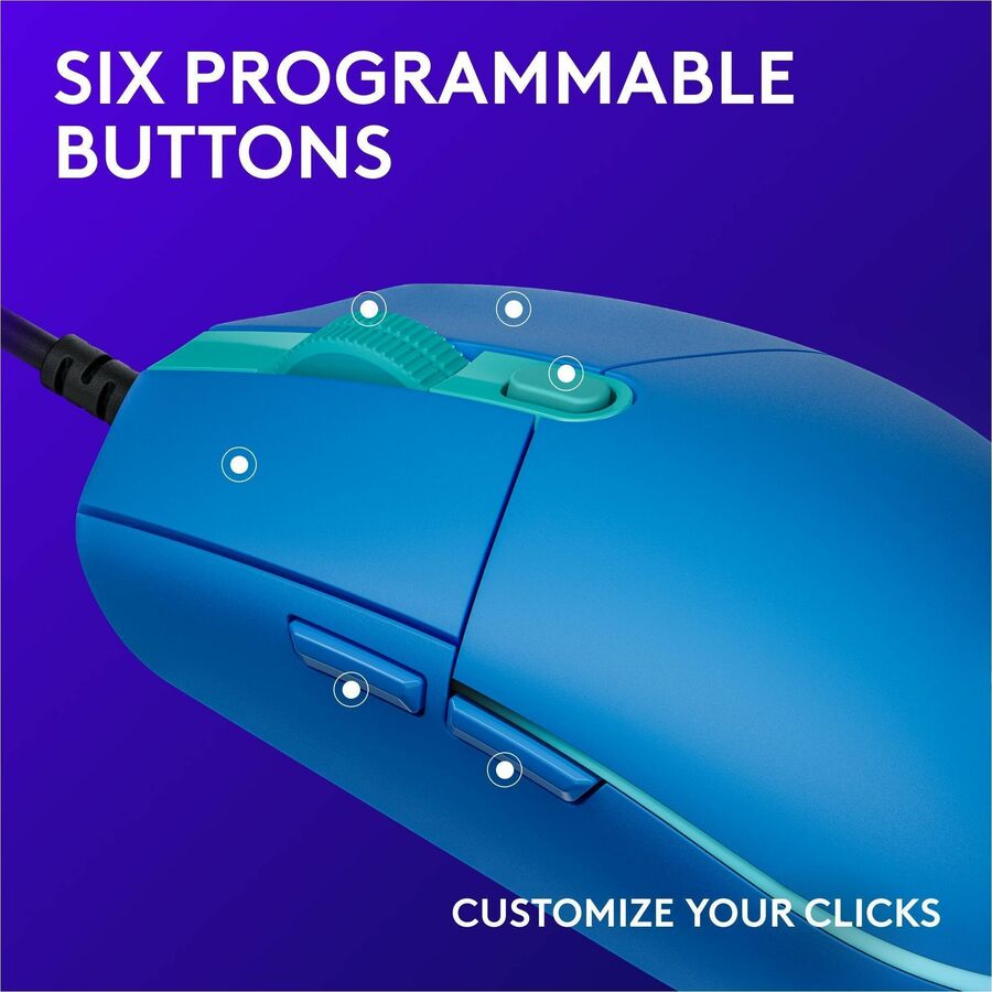 Logitech G203 Wired Gaming Mouse, 8,000 DPI, Rainbow Optical Effect LIGHTSYNC RGB, 6 Programmable Buttons, Blue