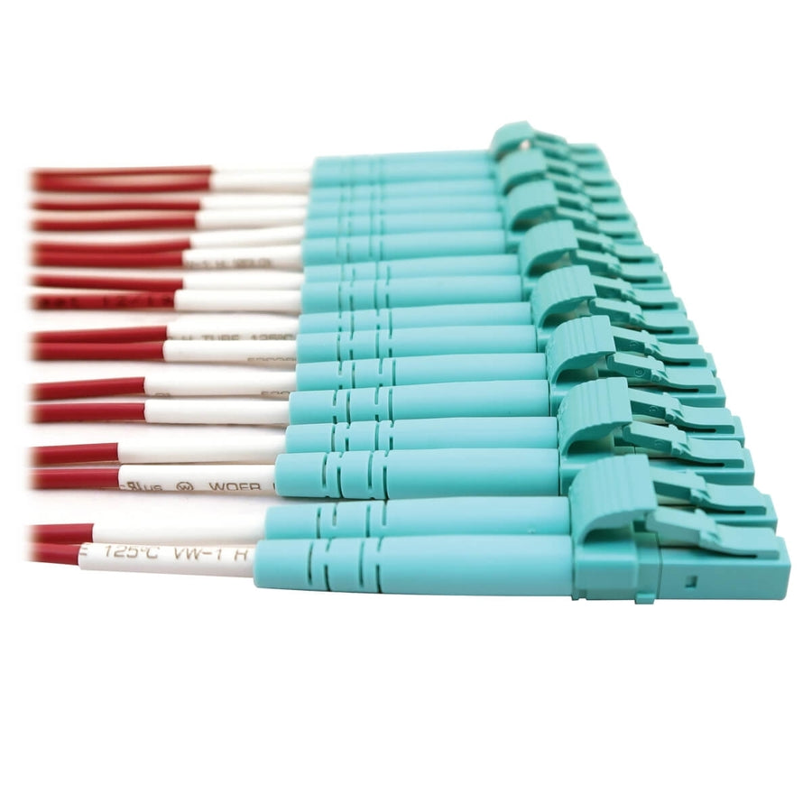 Eaton Tripp Lite Series 400G Multimode 50/125 OM4 Plenum Fiber Optic Breakout Cable, 16F MTP/MPO-APC to (x4) LC Duplex (F/M), Magenta, 5 m