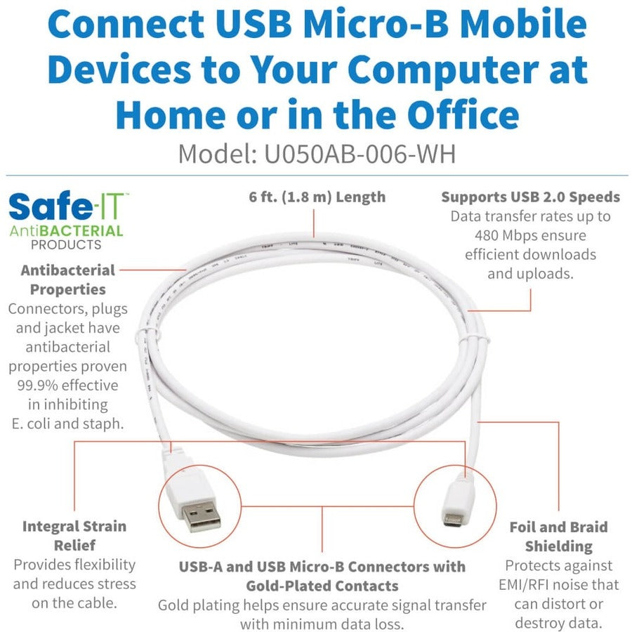 Eaton Tripp Lite Series Safe-IT USB 2.0 A to Micro-B Antibacterial Cable (M/M), White, 6 ft. (1.83 m)