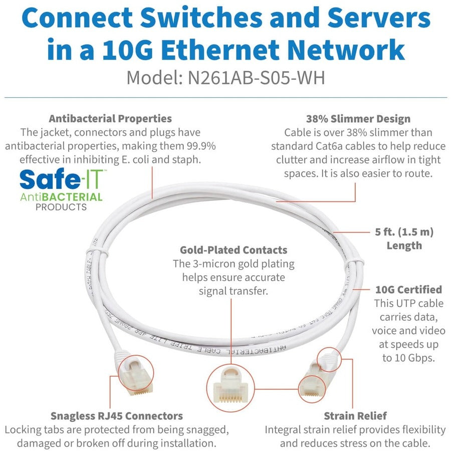 Eaton Tripp Lite Series Safe-IT Cat6a 10G Snagless Antibacterial Slim UTP Ethernet Cable (RJ45 M/M), White, 5 ft. (1.52 m), TAA