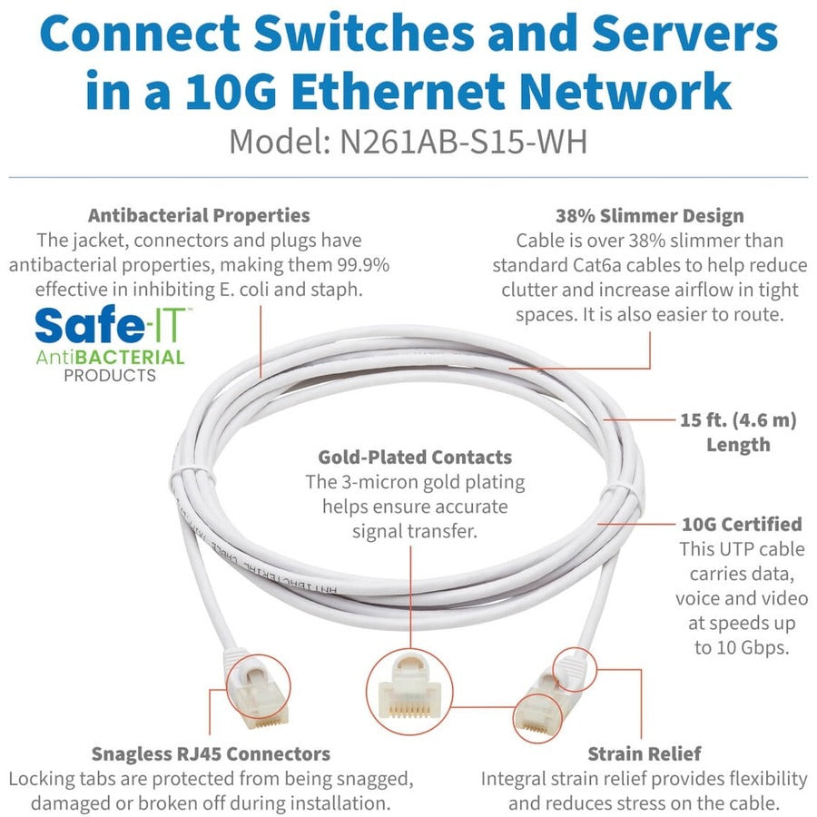 Eaton Tripp Lite Series Safe-IT Cat6a 10G Snagless Antibacterial Slim UTP Ethernet Cable (RJ45 M/M), White, 15-ft. (4.57 m), TAA