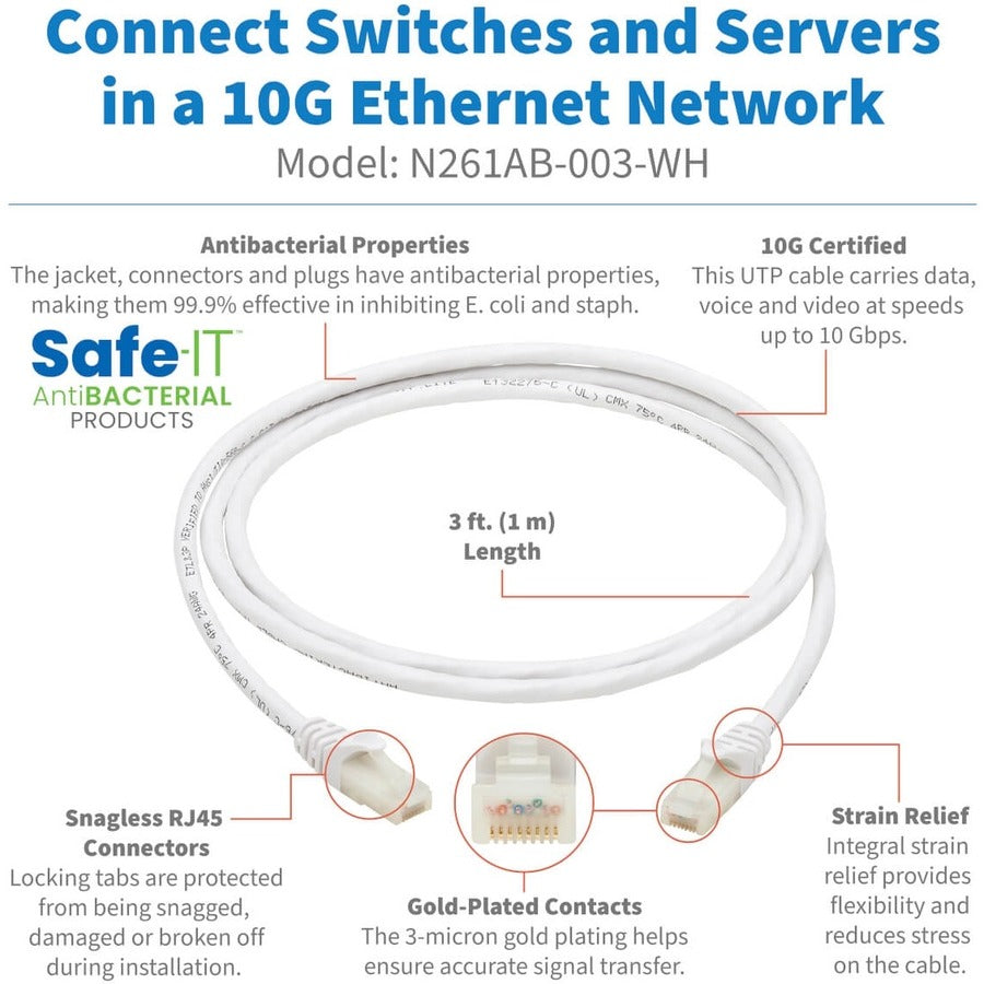 Eaton Tripp Lite Series Safe-IT Cat6a 10G Snagless Antibacterial UTP Ethernet Cable (RJ45 M/M), PoE, White, 3 ft. (0.91 m), TAA