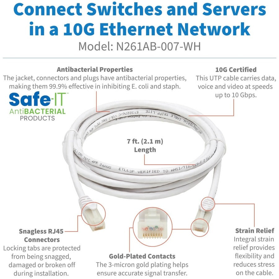 Eaton Tripp Lite Series Safe-IT Cat6a 10G Snagless Antibacterial UTP Ethernet Cable (RJ45 M/M), PoE, White, 7 ft. (2.13 m), TAA