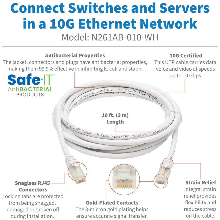 Eaton Tripp Lite Series Safe-IT Cat6a 10G Snagless Antibacterial UTP Ethernet Cable (RJ45 M/M), PoE, White, 10 ft. (3.05 m), TAA