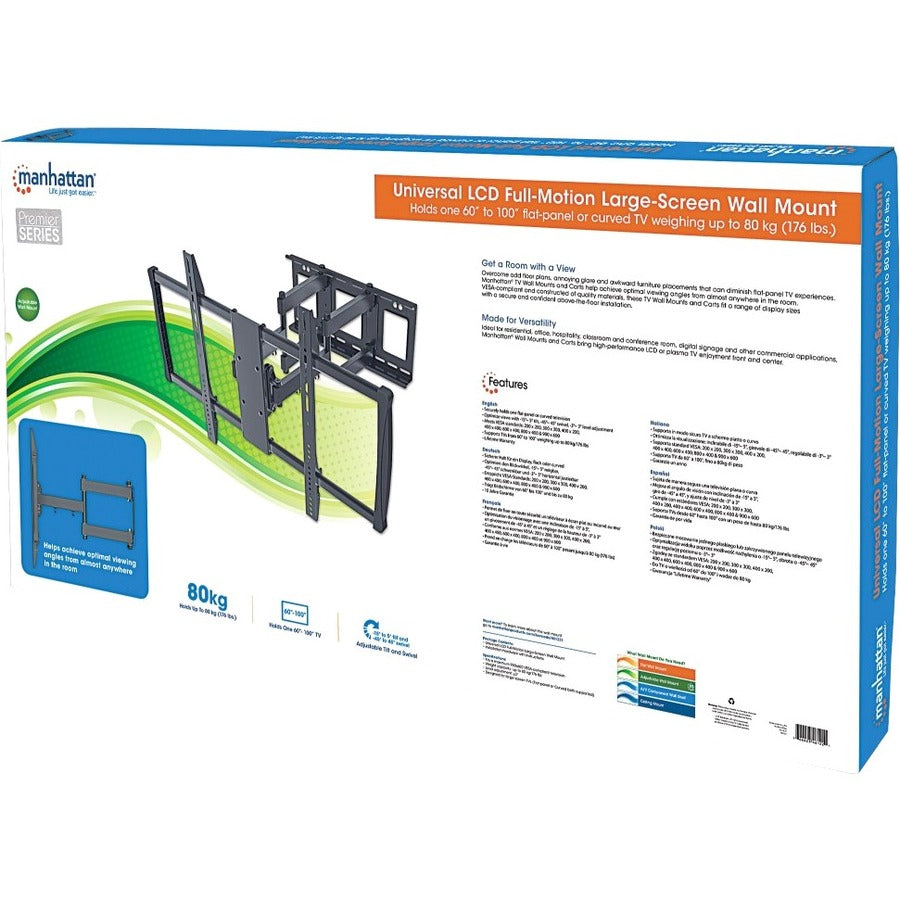 IC Manhattan TV & Monitor Mount, Wall, Full Motion, 1 screen, Screen Sizes: 60-100" , Black, VESA 200x200 to 900x600mm, Max 80kg, LFD, Tilt &