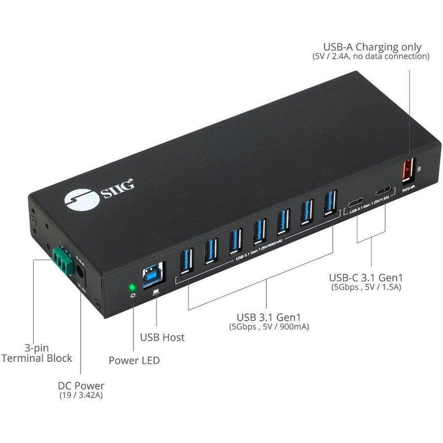 SIIG 10 Port Industrial USB 3.1 Gen 1 Hub with Dual USB-C & 65W Charging