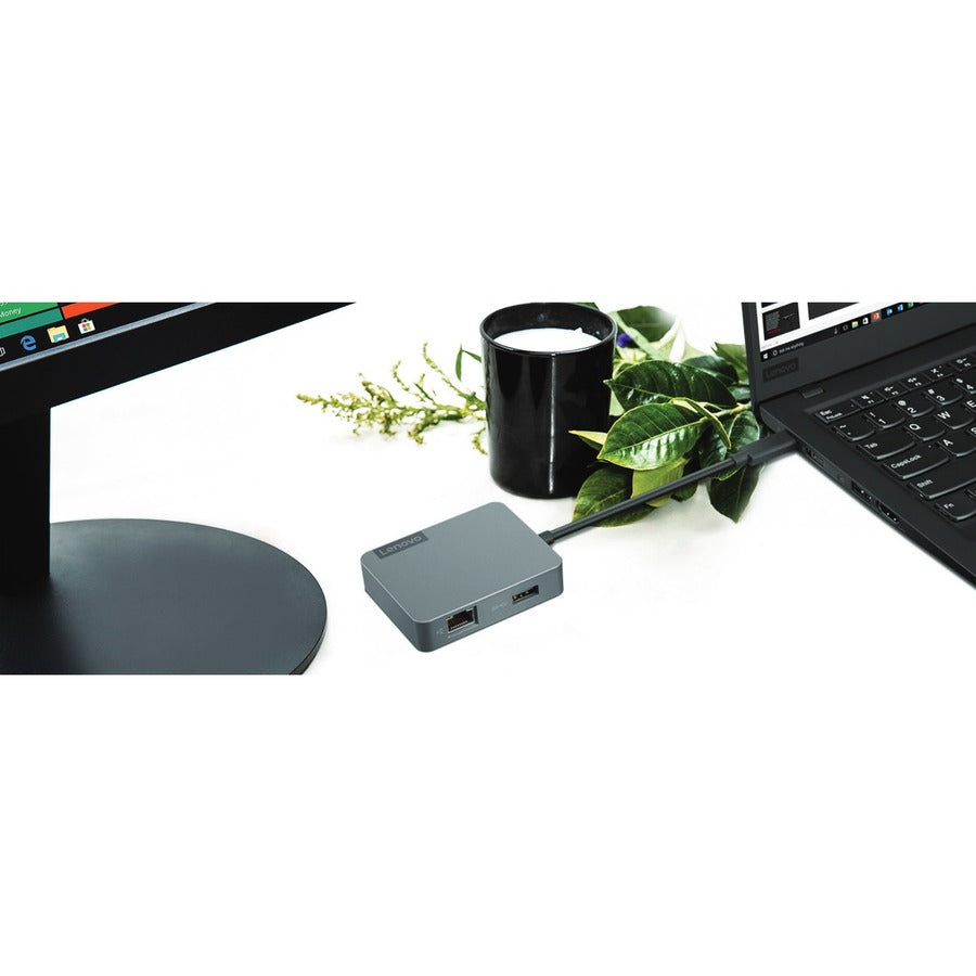 Lenovo USB-C Travel Hub Gen2 is an essential extension adapter that enables you to easily connect to an external monitor, wired network, and USB device