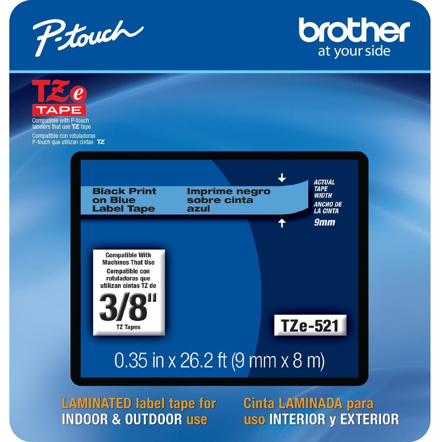 Brother TZe-521CS, 0.35" x 26.2', Black on Blue Laminated Label Tape