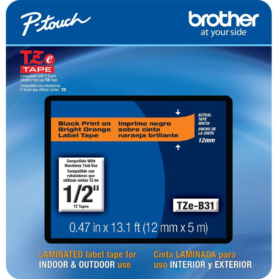Brother TZe-B31CS, 0.47" x 16.4', Black on Fluorescent Orange Laminated Label Tape