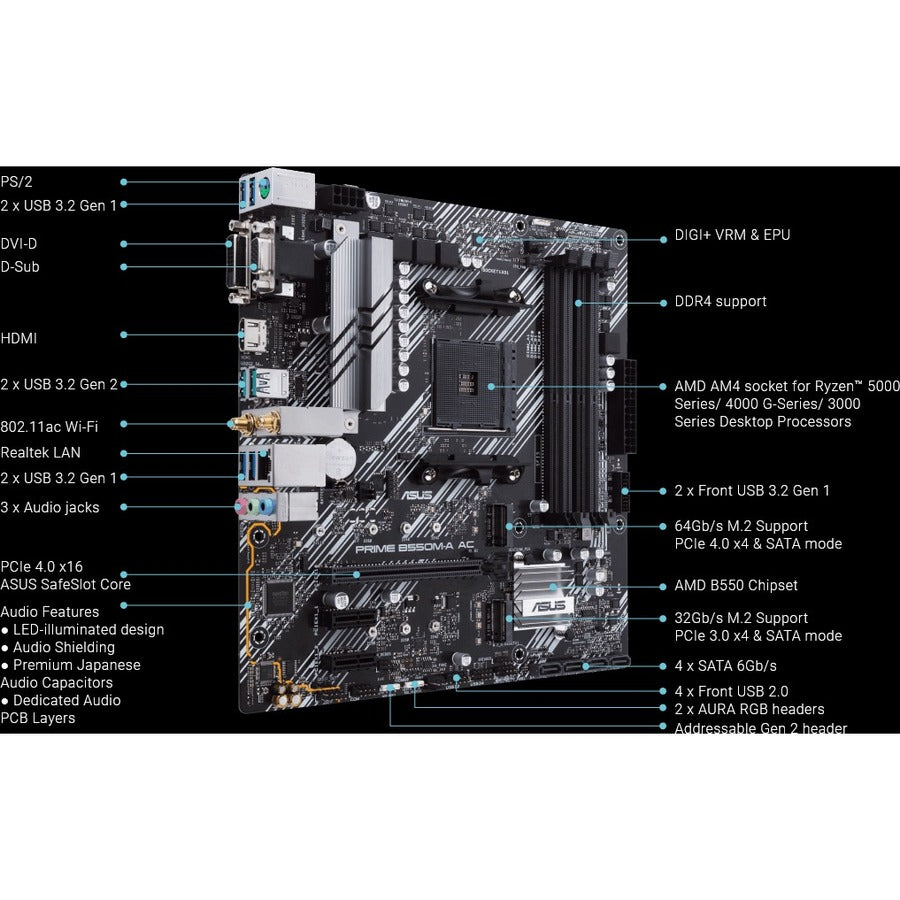Asus Prime B550M-A AC Desktop Motherboard - AMD B550 Chipset - Socket AM4 - Micro ATX