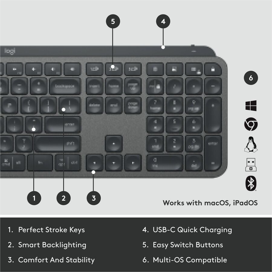 Logitech MX Keys Wireless Illuminated Keyboard for Business, Quiet Perfect-Stroke Keys, Logi Bolt Technology - Graphite