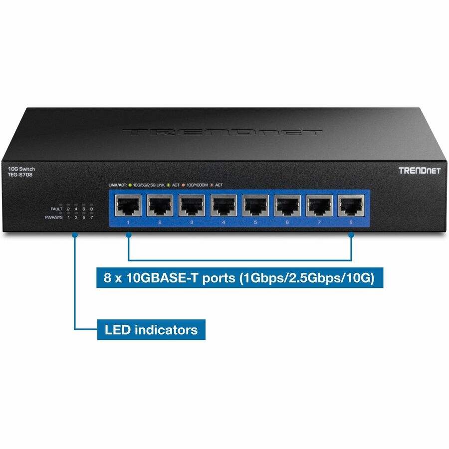 TRENDnet 8 Port 10G Switch,Multi-gig switch,10G Switch,Gigabit Copper,100/1000/10000Mbps Switch,Metal switch,Lifetime Warranty,10G,10GE,10GbE,10 GigE,10GBASE-T,5GBASE-T,2.5GBASE-T,2.5Gbps., Ethernet, 6.3 in, TEG-S708