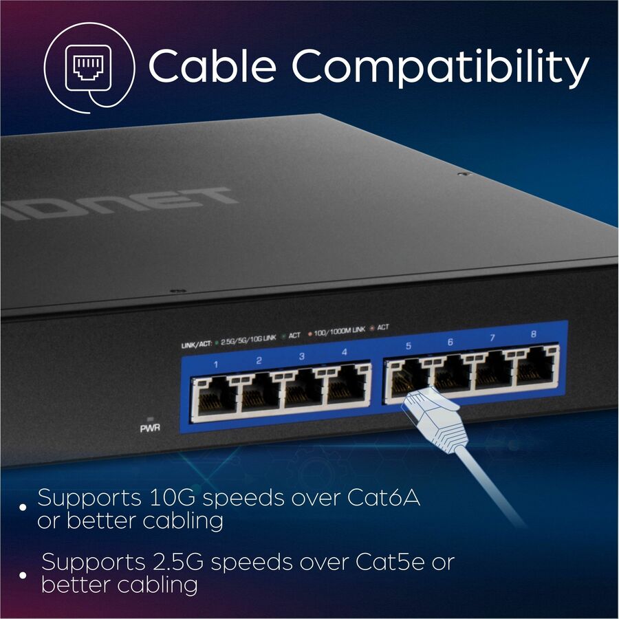 TRENDnet 8 Port 10G Switch,Multi-gig switch,10G Switch,Gigabit Copper,100/1000/10000Mbps Switch,Metal switch,Lifetime Warranty,10G,10GE,10GbE,10 GigE,10GBASE-T,5GBASE-T,2.5GBASE-T,2.5Gbps., Ethernet, 6.3 in, TEG-S708
