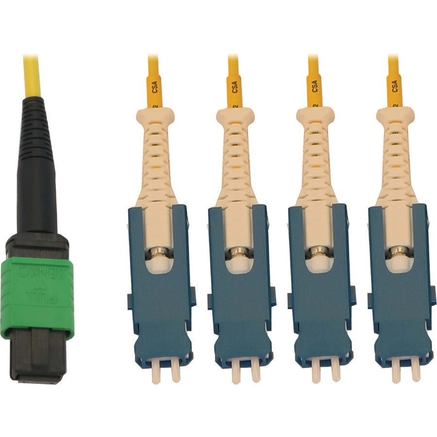 Eaton Tripp Lite Series 40/100/400G Singlemode 9/125 OS2 Breakout Fiber Optic Cable (12F MTP/MPO-APC to 4x Duplex SN-UPC F/M), LSZH, Yellow, 1 m (3.3 ft.)