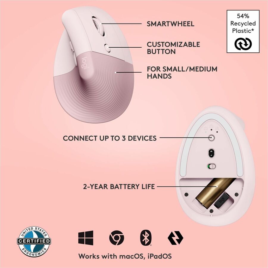 Logitech Lift Vertical Ergonomic Mouse, Wireless, Bluetooth or Logi Bolt USB receiver, Quiet clicks, 4 buttons, Rose