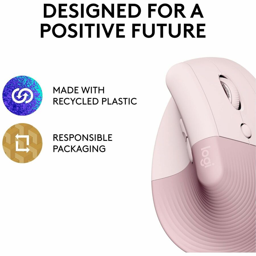 Logitech Lift Vertical Ergonomic Mouse, Wireless, Bluetooth or Logi Bolt USB receiver, Quiet clicks, 4 buttons, Rose