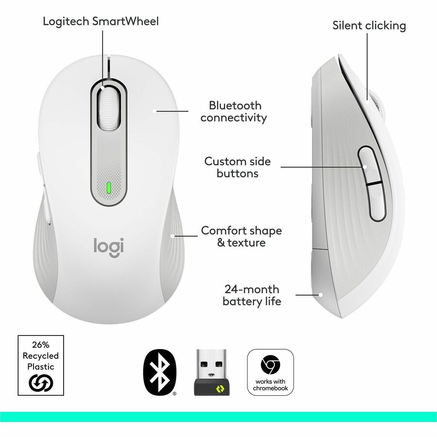 Logitech M650 L Wrls Mouse  Offwhite, 3.92 oz, Bluetooth, USB, Wireless