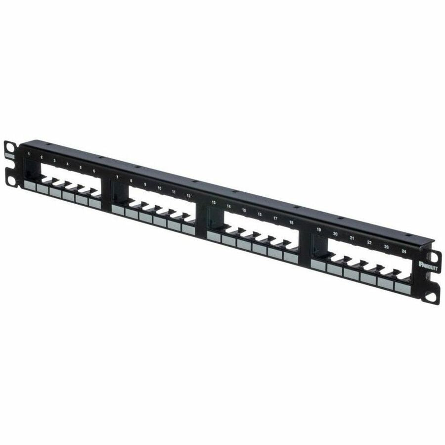PANDUIT PanNet Mini-Com, Flat,Unshielded, Patch Panel, 24 Port, 1 RU, Black - 19 inch, CPP24FM6BL