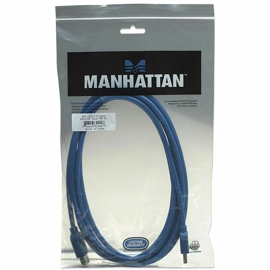 IC Manhattan SuperSpeed USB 3.0 A Male/A Female Extension Cable, 10 ft (3m), Blue