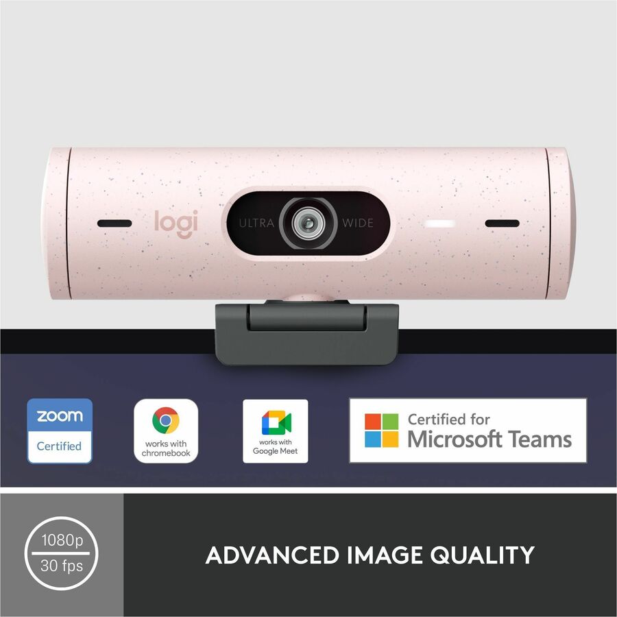 Logitech Brio 500 Full HD webcam, auto framing, noise-reducing mics, privacy shutter, streaming & video calling, Rose