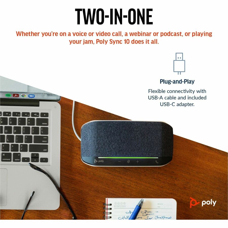 HP Poly Sync 10 USB-A USB-C Speakerphone, 40 mm, 772C3AA, Silver, Wired