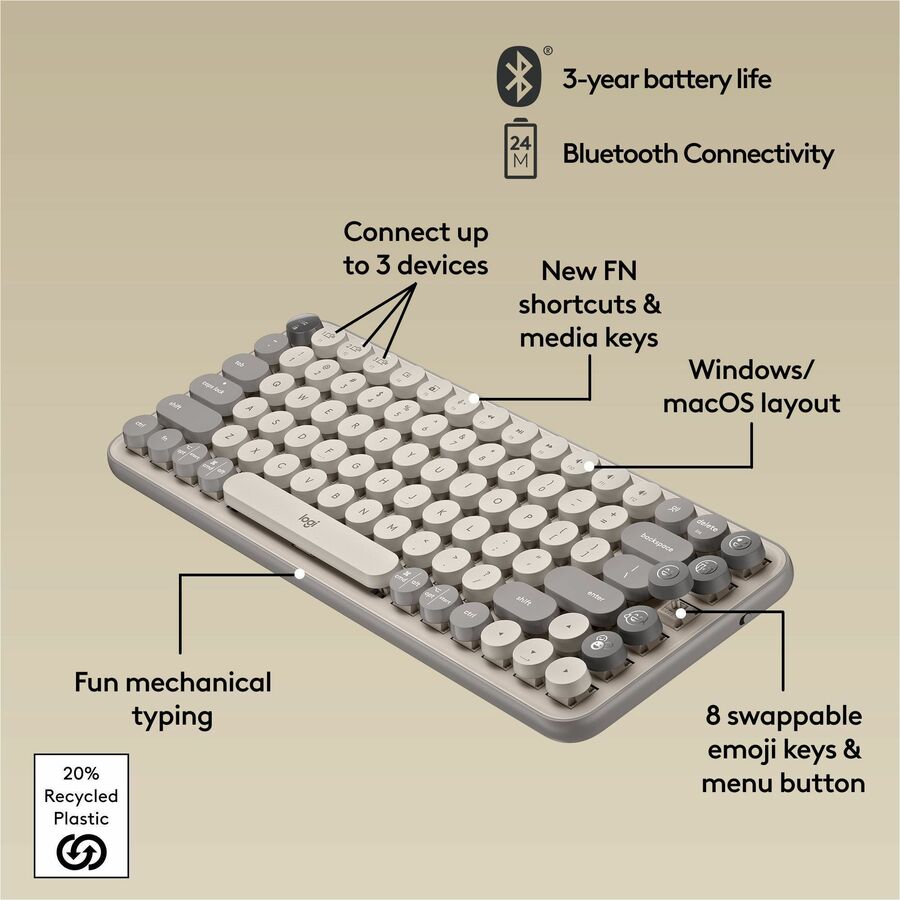 Logitech POP Keys Mechanical Wireless Keyboard with Customizable Emoji Keys, Compact Design, Bluetooth, Mist