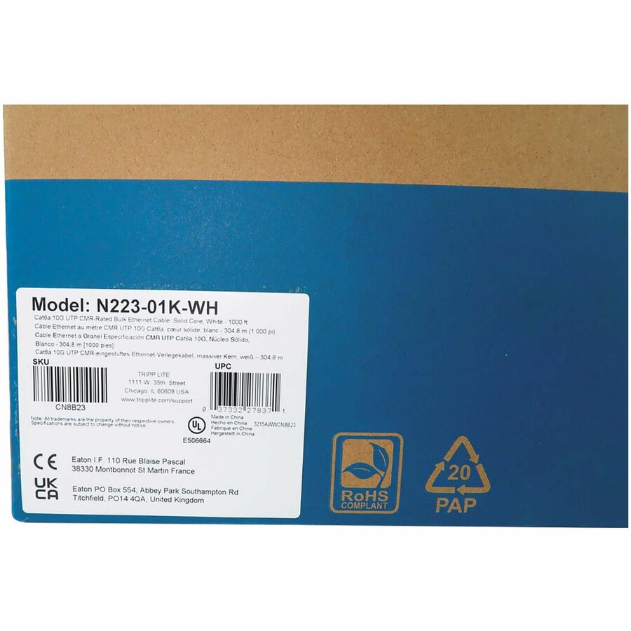 Eaton Tripp Lite Series Cat6a 10G Solid Core UTP Bulk Ethernet Cable, CMR Rated, White, 1000 ft. (305 m)