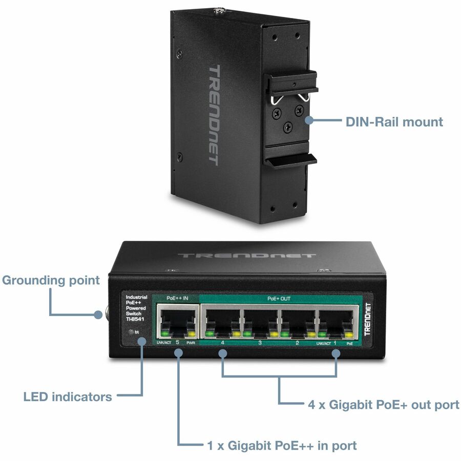 TRENDnet 5 Port Ind Gig PoE+ Switch, 1 x Gigabit Ethernet PoE++, 1000Base-T, 5.64 oz