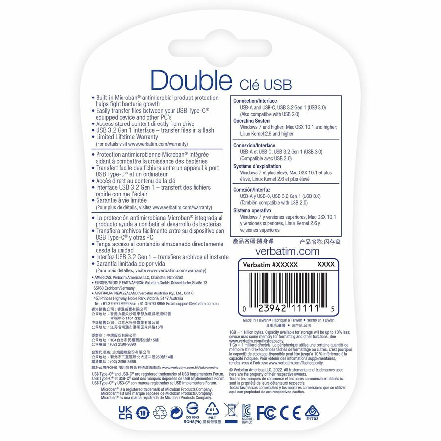 Verbatim 128GB Store 'n' Go Dual USB Flash Drive for USB-C Devices - Blue