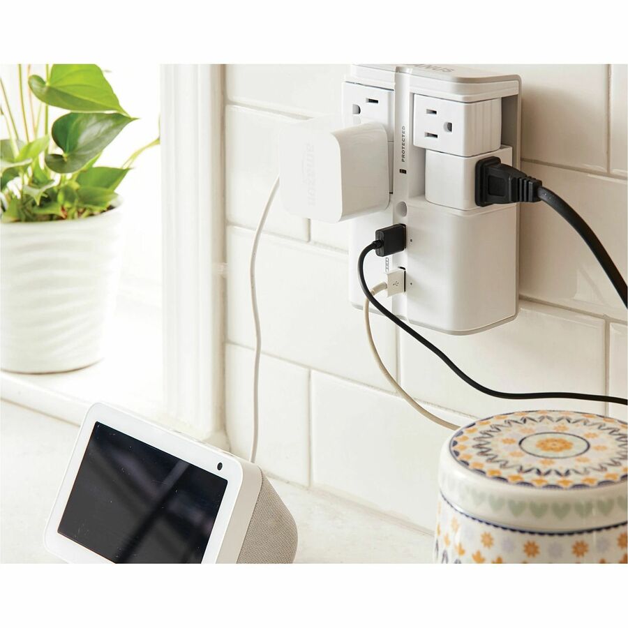 Legrand Sanus On-Wall Surge Protector - 4 Rotating Outlet Power Strip with USB ports - White