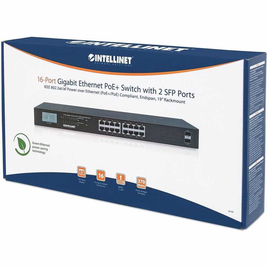 IC Intellinet 16-Port Gigabit Ethernet PoE+ Switch with 2 SFP Ports and LCD Screen