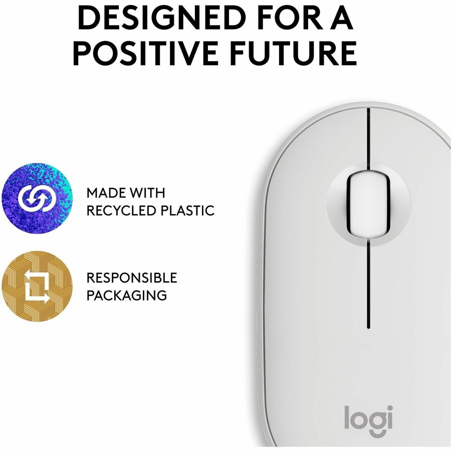 Logitech Pebble Mouse 2 M350s Slim Bluetooth Wireless Mouse, Portable, Customizable Button, Quiet Clicks, Tonal White