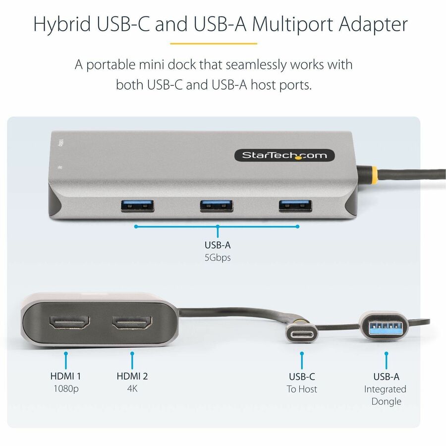 StarTech.com USB-C Multiport Adapter w/Attached USB-C to USB-A Dongle, Dual HDMI 4K/1080, 3x USB, Mini Laptop Docking Station, Travel Dock