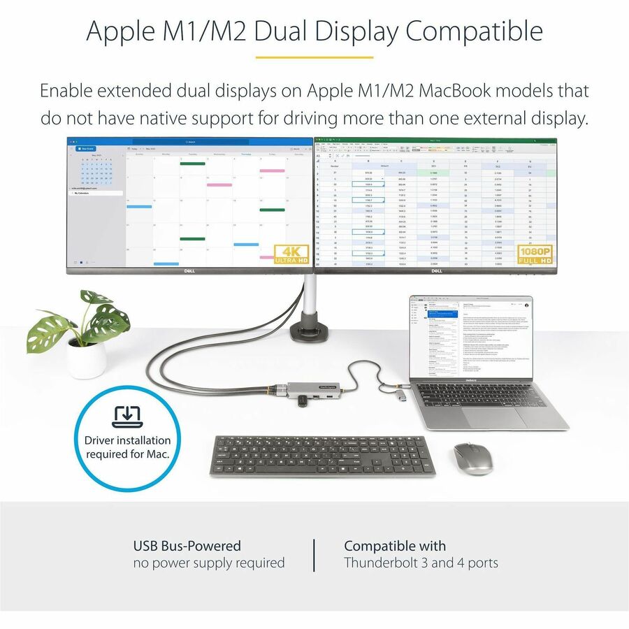 StarTech.com USB-C Multiport Adapter w/Attached USB-C to USB-A Dongle, Dual HDMI 4K/1080, 3x USB, Mini Laptop Docking Station, Travel Dock