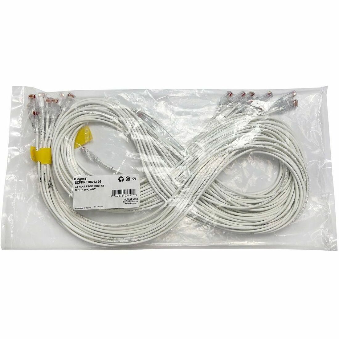 LEGRAND Ortronics EZ Patch Flat Pack Clarity CAT6A 5FT, 12 Pack, White, Male, 5 ft, EZFPM6A05Q12-09