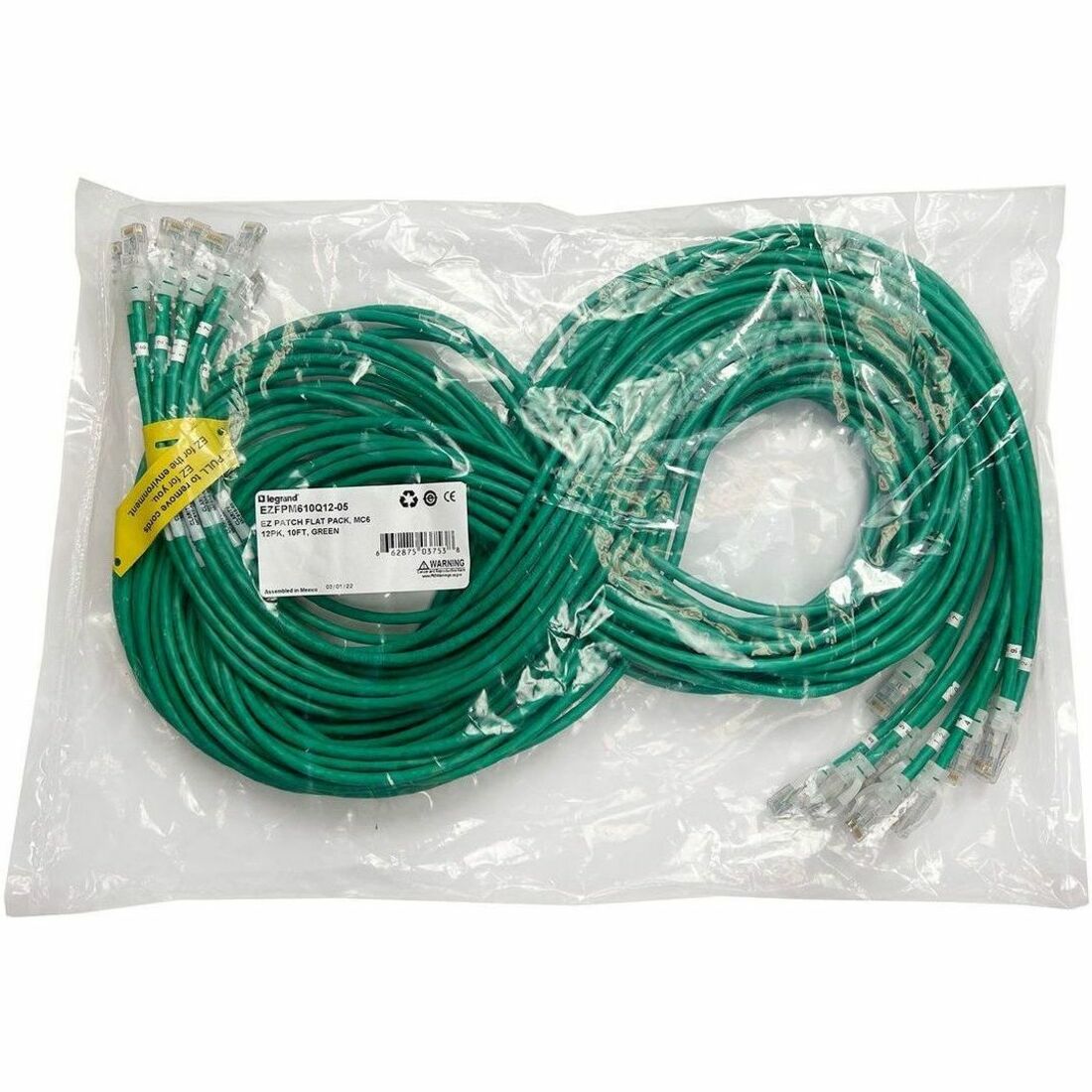 LEGRAND Ortronics EZ Patch Flat Pack Clarity CAT6A 9FT, 12 Pack, Green, Male, 9 ft, EZFPM6A09Q12-05