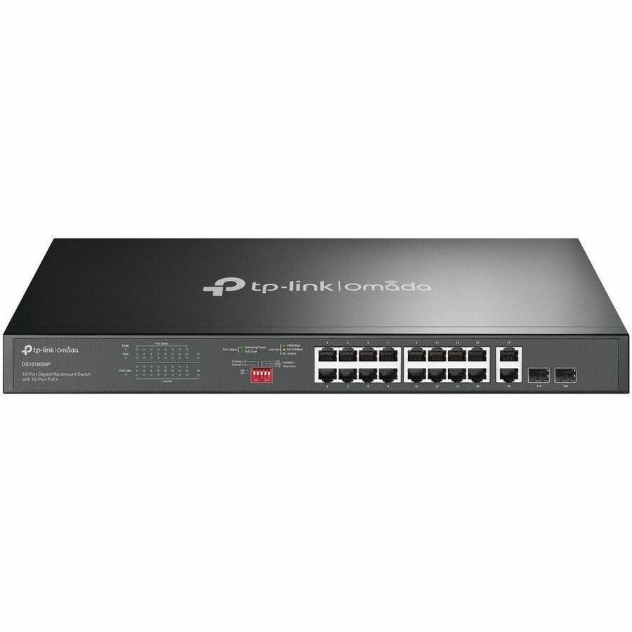 Omada 18-Port Gigabit Rackmount  Switch with 16-Port PoE+ PORT: 16  Gigabit PoE+ Ports, 2  Gigabit Non-PoE Ports, 2  Combo Gigabit SFP Slots SPEC: 802.3at/af, 250 W PoE Power, 1U 19-inch Rack-mountable Steel Case FEATURE: Plug and Play