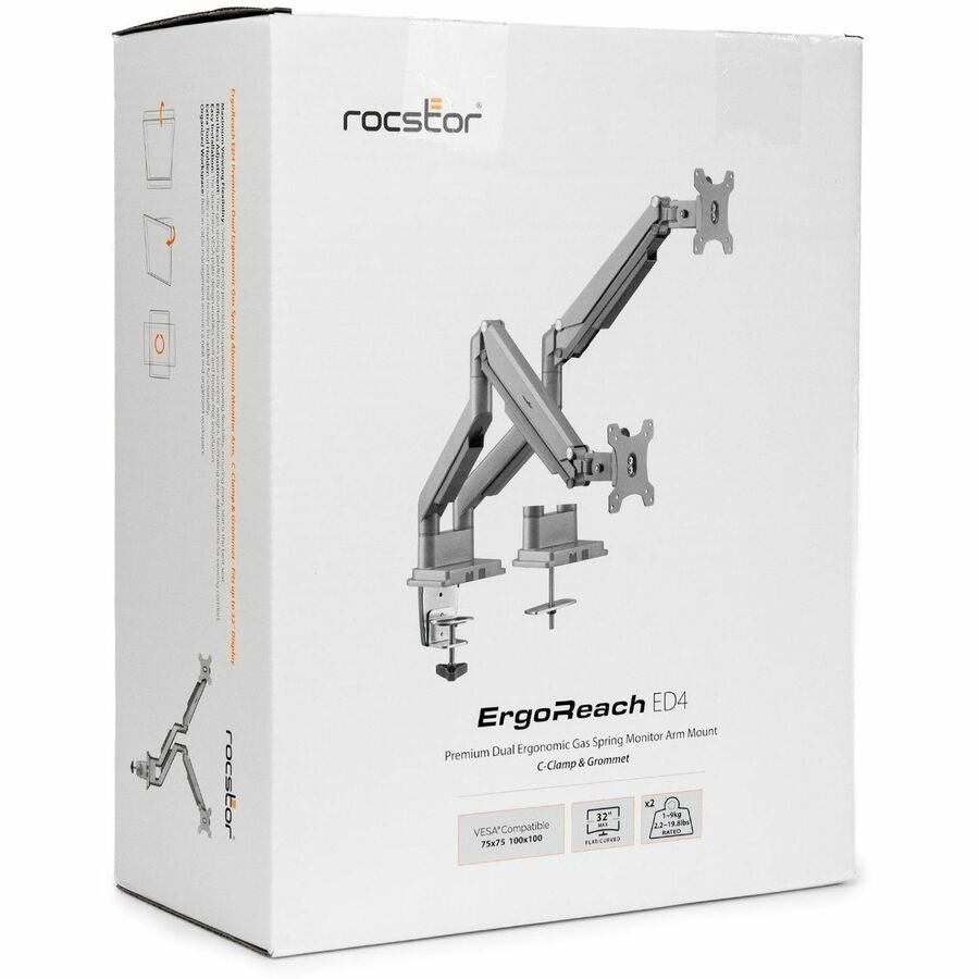 Rocstor ErgoReach Mounting Arm for Monitor - Silver - Landscape/Portrait
