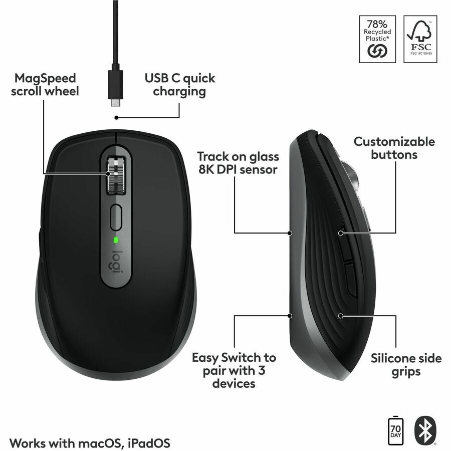 Logitech MX Anywhere 3S for Mac, Compact Wireless Bluetooth Mouse, 8K DPI Any-Surface Tracking, Quiet Clicks, USB C, Space Grey