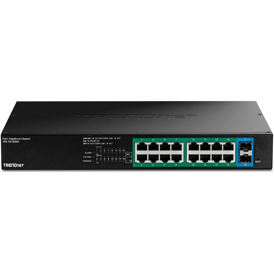 TRENDnet 18 Port Gigabit PoE+ Switch, 1000Base-X, 18-Port Gigabit EdgeSmart PoE+ Switch Quick Installation Guide Power Cord (1.5m / 5 ft.) Rackmount Kit, 5.69 lb