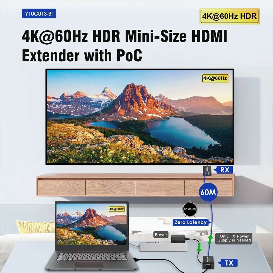 ROCSTOR Experience seamless ultra-high-definition video with the Rocstor TrueReach Extender over Ethernet Cable 4K@60Hz HDMI - 197 feet, 0.59 in, CAT6, 1080i, Black, Wired